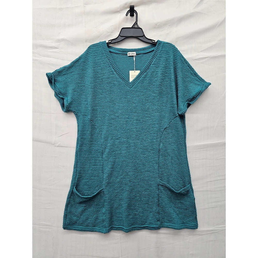 Cupshe Womens V-Neck Waffle Knit Swim Cover Up Teal Polyester Blend Size XL